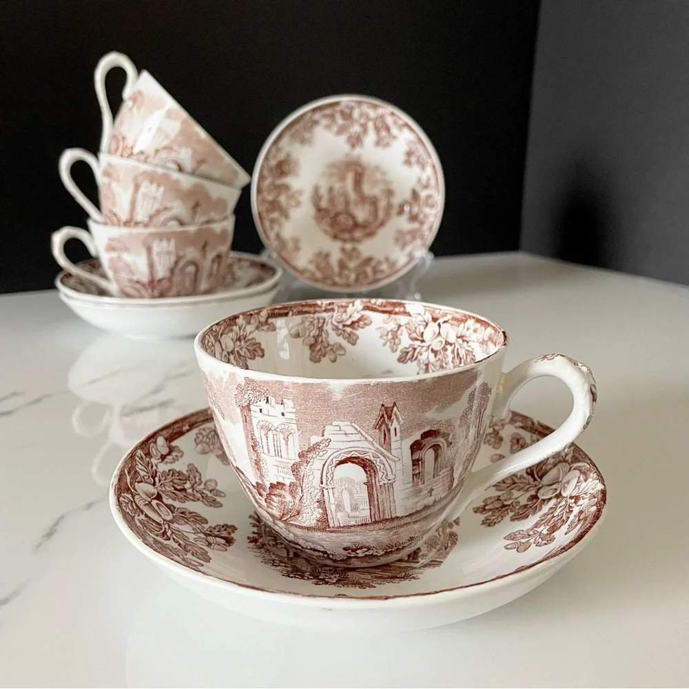 SET of 4 Brown Acora Cups & Saucers - Antique Spode Copeland
